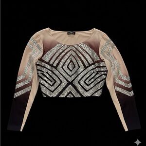 Bebe Beige and Silver Geometric Crop Top